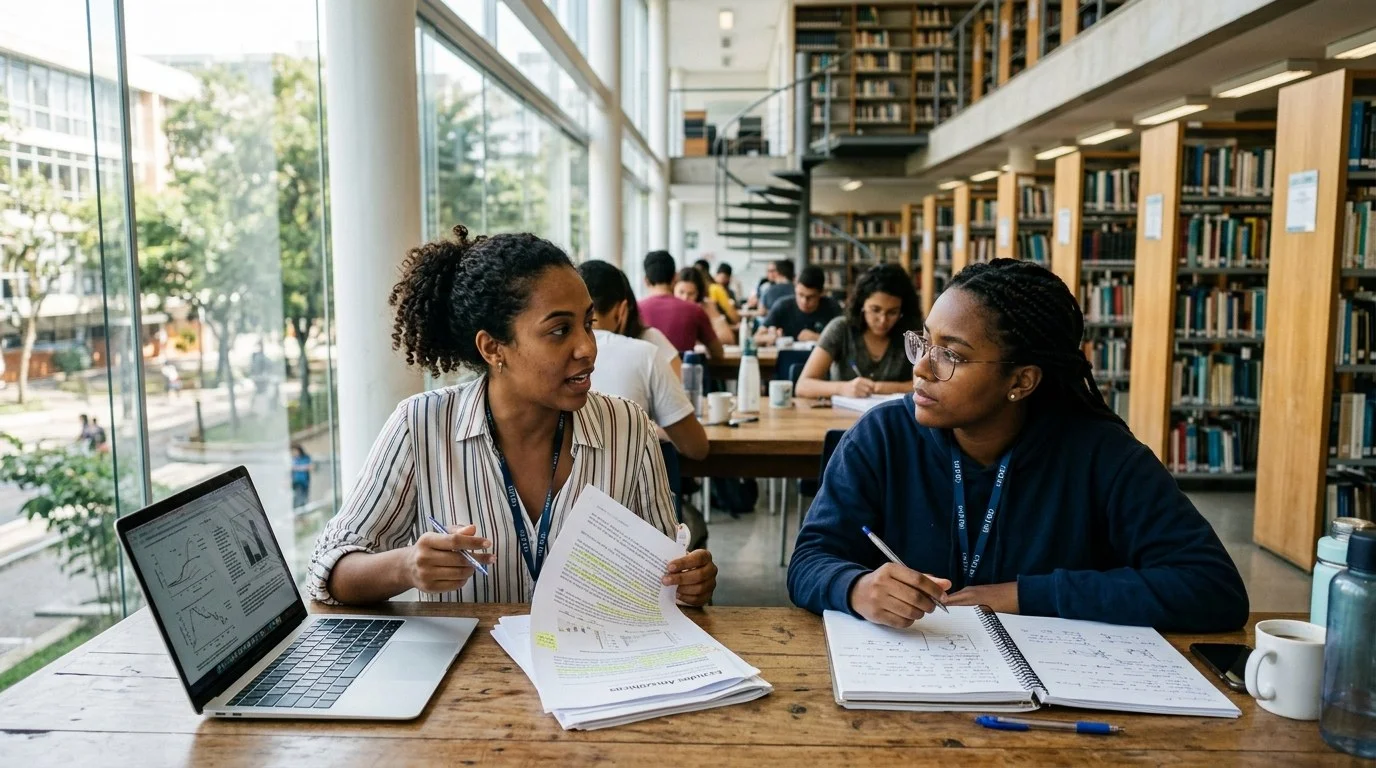 Interrogação Socrática e Active Recall com NotebookLM Estudantes em biblioteca universitária debatendo conceitos e sintetizando materiais com inteligência artificial