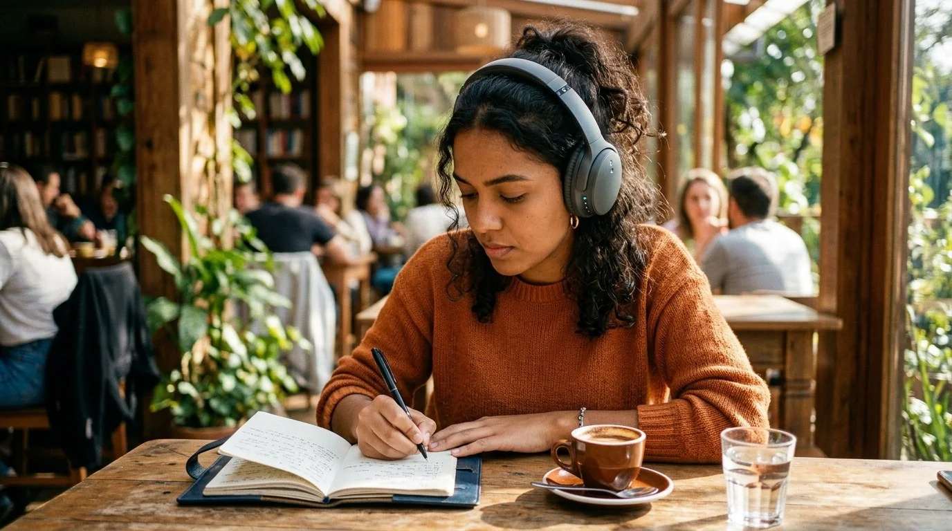 Audio Overview e Revisão em Áudio no NotebookLM Pessoa ouvindo resumo em áudio com fones de ouvido enquanto faz anotações de estudo