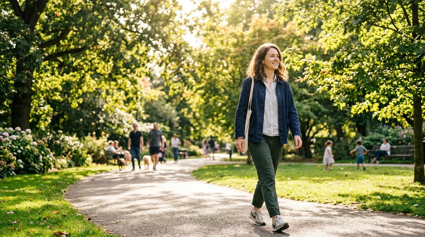 Pessoa caminhando ao ar livre em um parque aproveitando o tempo livre gerado pela rotina mais leve com IA