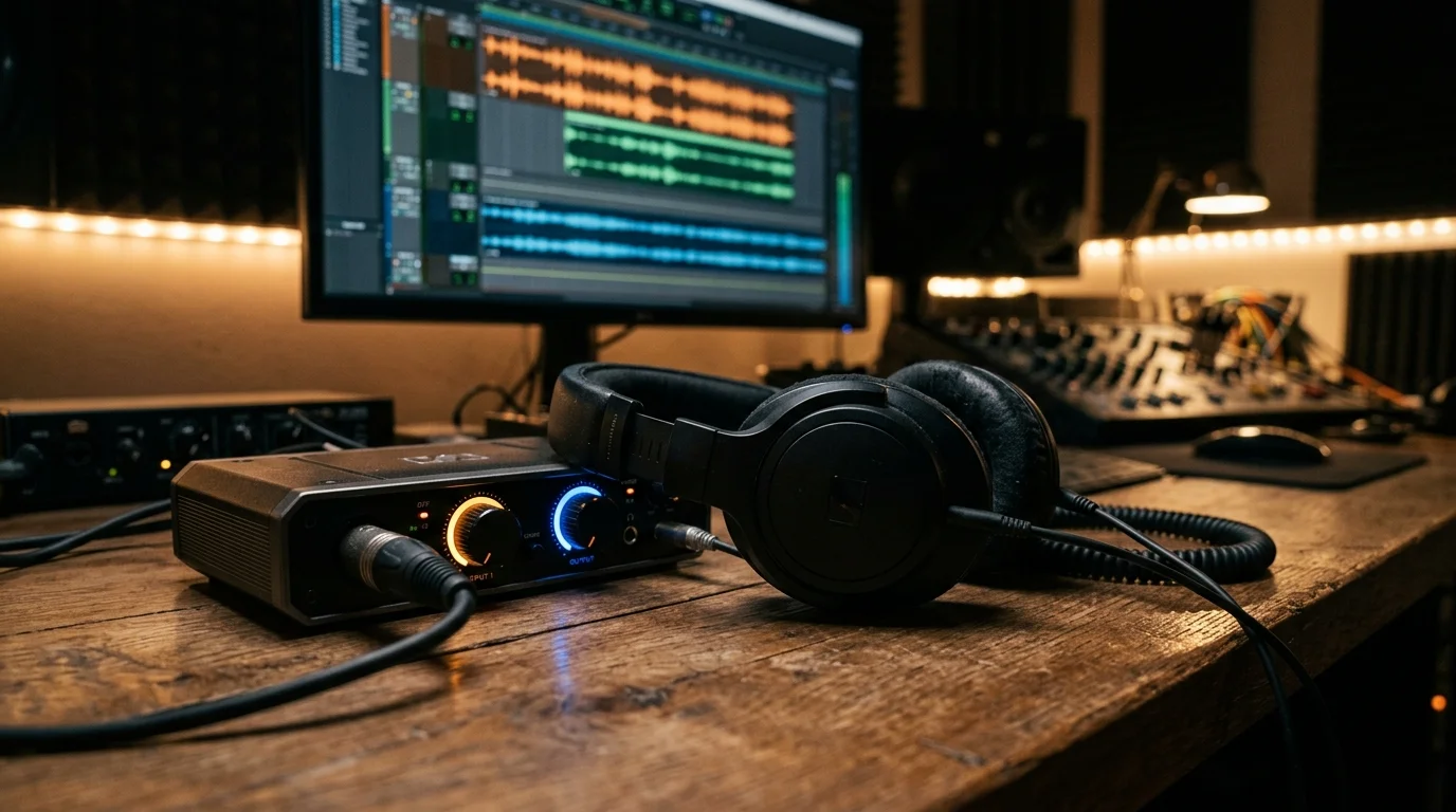 Mesa de producao sonora com fones de monitoramento e interface de audio para calibracao de vozes neurais