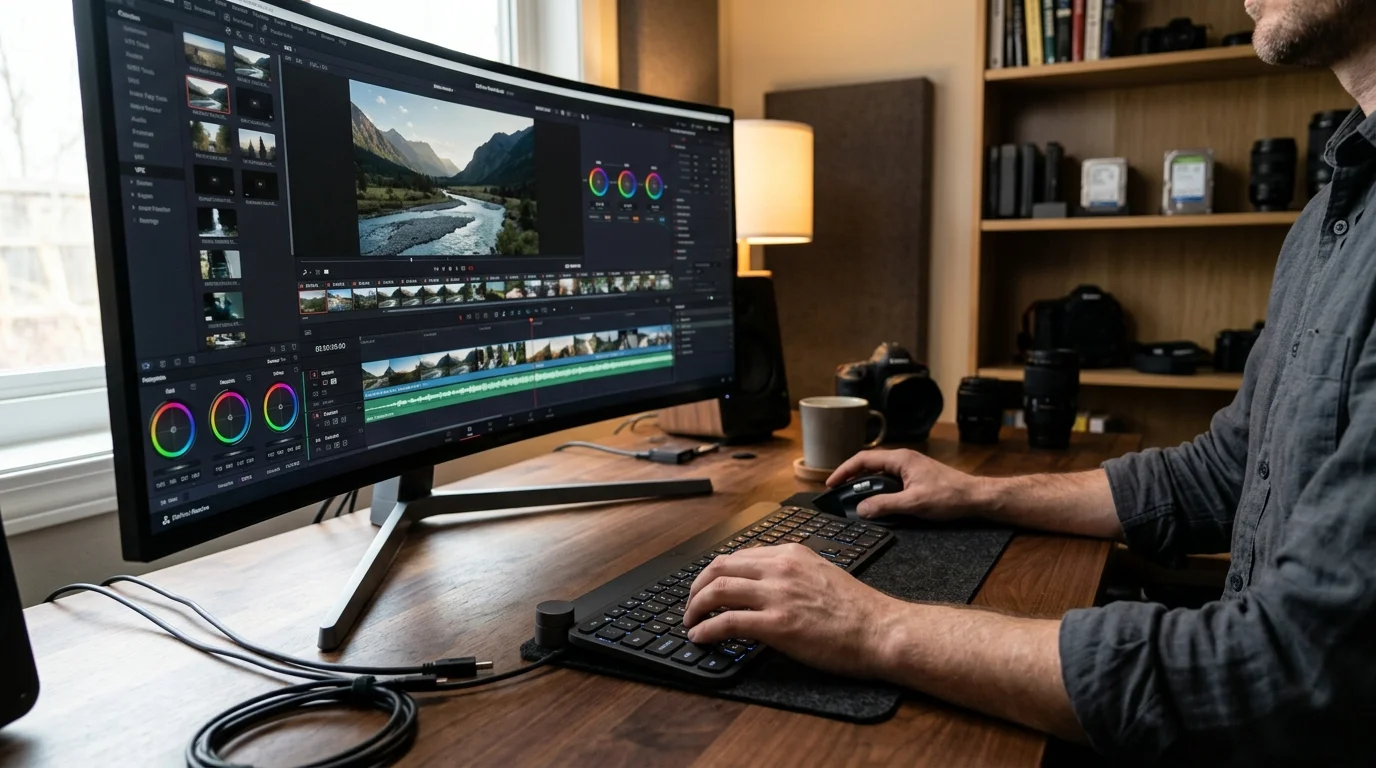 Editor de video manipulando multiplas faixas de video b-roll e correcao de cor em monitor ultrawide