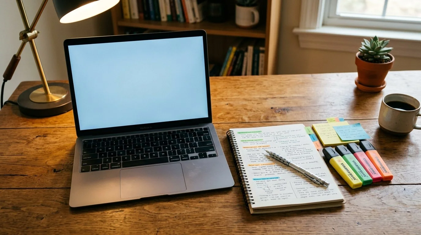 Organização de Fontes e Cadernos no NotebookLM Mesa de estudos organizada com notebook, caderno de anotações e marcadores para estudo com IA