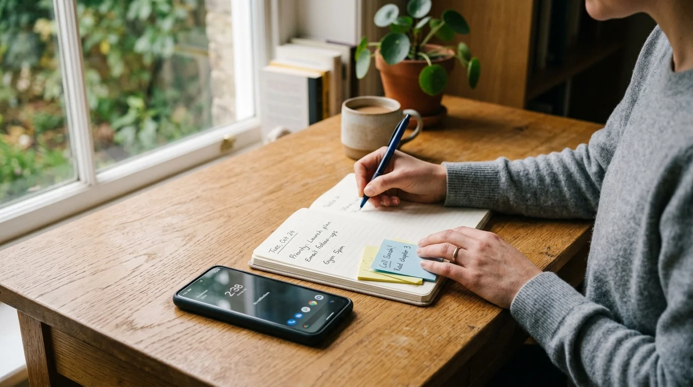 Planejamento diario com smartphone e caderno para construir uma rotina mais leve com IA