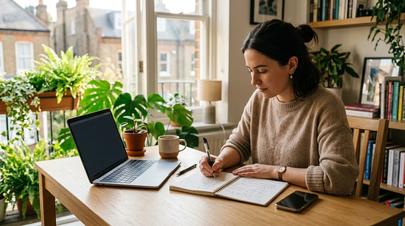 Criadora de conteudo planejando roteiro modular e estruturacao de topicos com laptop e caderno